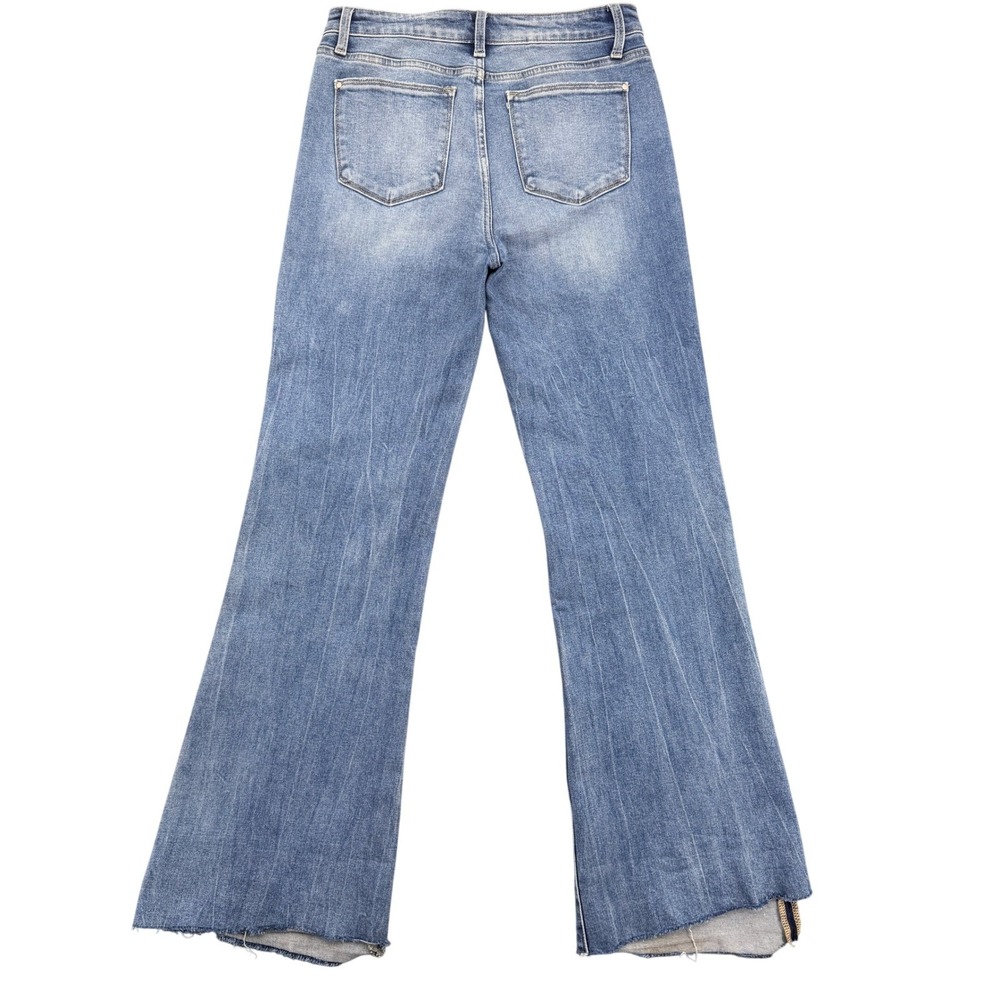 Petra 153 Women Size 11/29 High Rise Flare Jeans Distressed Raw Hem Blue P1431F